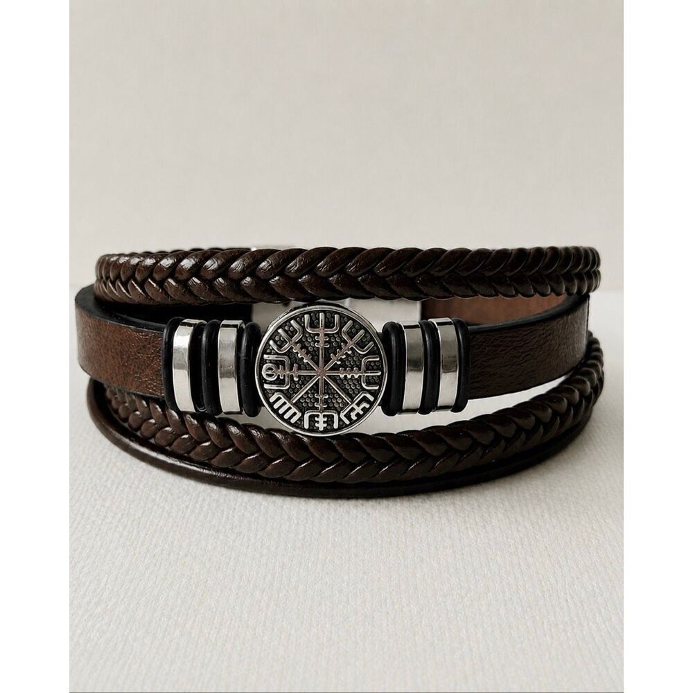 Weathered Viking Vegvísir Compass Bracelet in Brown Vegan Leather, Nordic